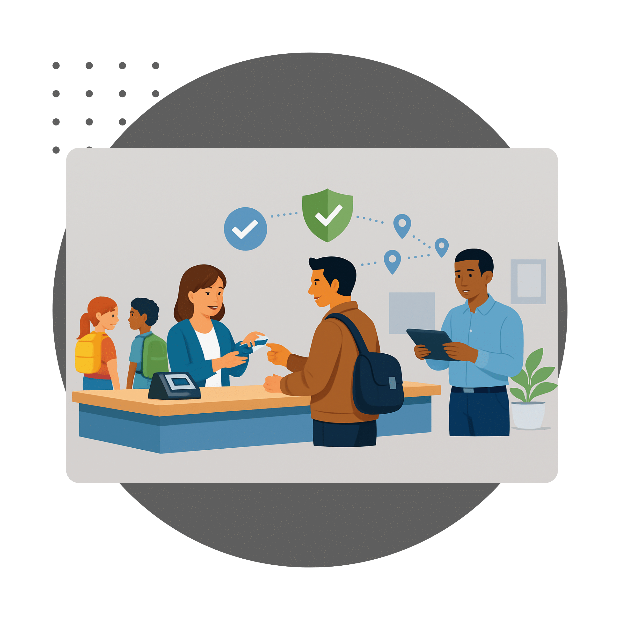 Three young children with backpacks walk down a brightly lit school hallway decorated with colorful drawings on the windows. They are seen from behind, heading towards an open area.