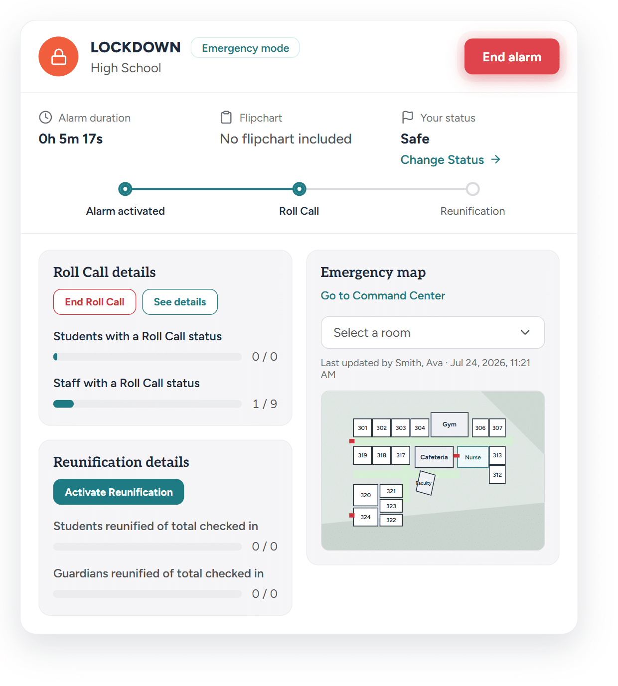 Campus360 command center — Lockdown alarm, roll call and emergency map