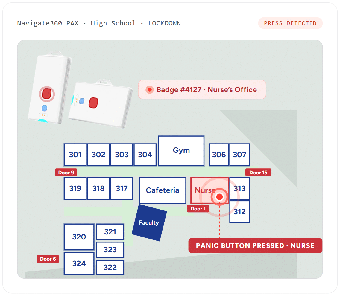 Campus360 panic buttons — PAX wearable and room-level emergency map