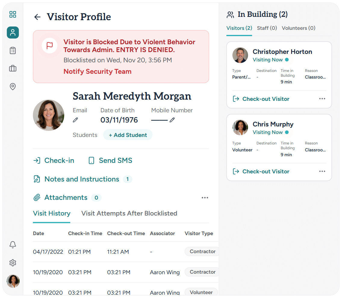 Campus360 Visitor & Volunteer Management — visitor profile and in-building panel